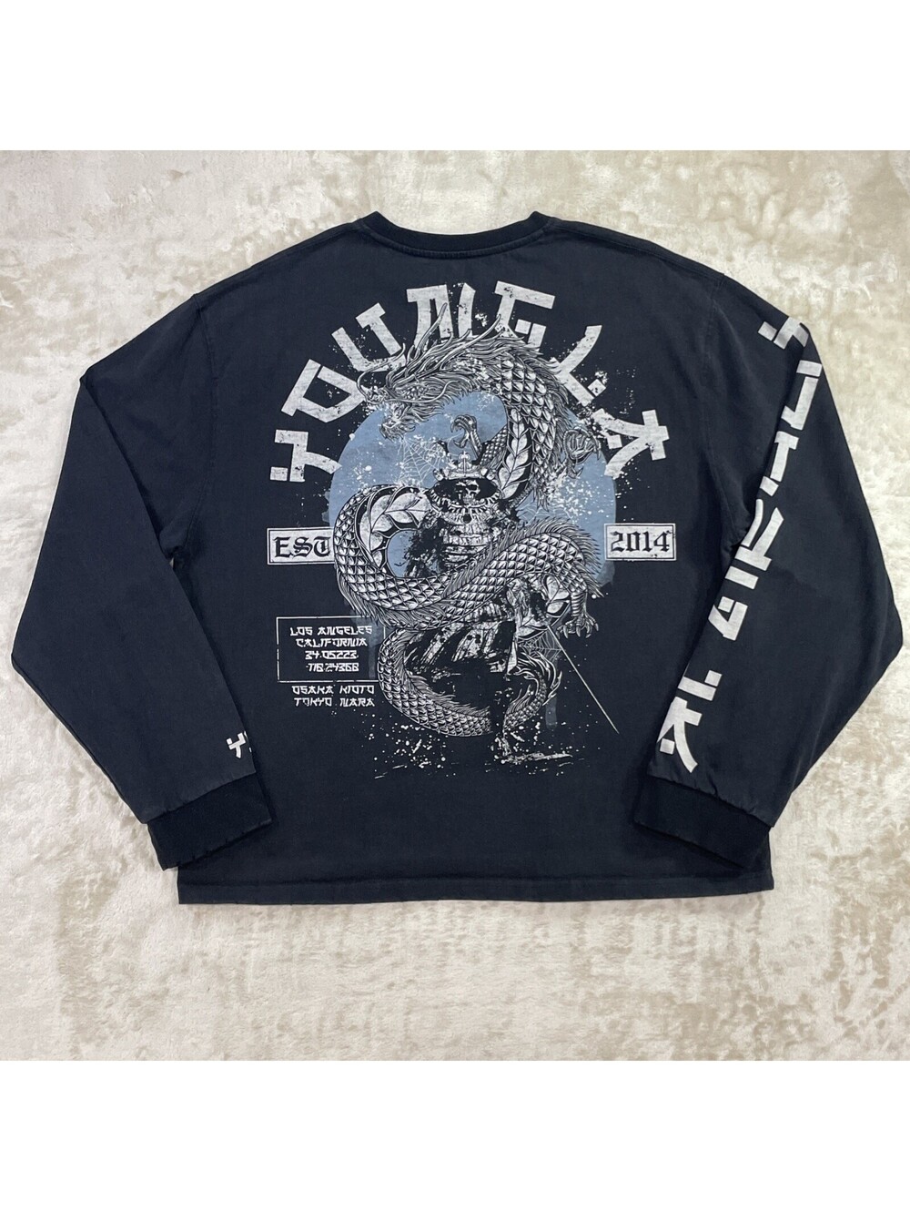RARE! YoungLA Shogun Dragon Warrior Long Sleeve Faded Black Tee Mens Size Large